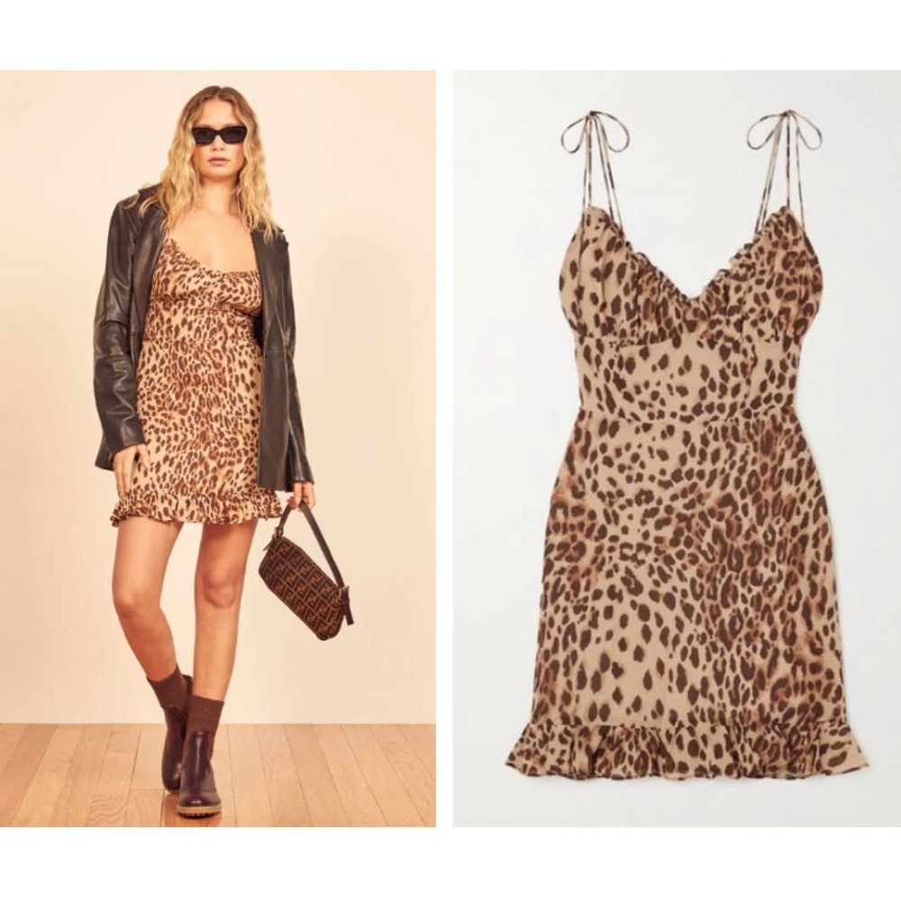 Reformation Leopard Print Esther Dress 4 S Small Beige Ruffled Georgette Mini